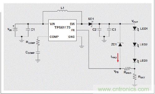 圖2:有開(kāi)路保護(hù) LED驅(qū)動(dòng)器電路