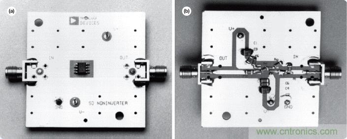 圖14. AD8001AR評估板&mdash;俯視圖(a)和仰視圖(b)。
