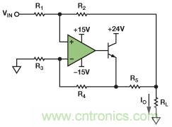 圖1. 改進型Howland電流源驅(qū)動接地負載。