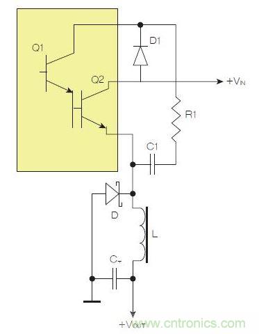 為了實現用兩個元器件提升電源轉換效率，芯片上應有針對驅動器晶體管Q1集電極的單獨引腳。
