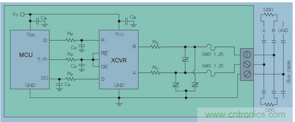 在高暴露環(huán)境中的RS-485總線的電路保護(hù)示意圖中，上圖類似&ldquo;Z&rdquo;字形的符號可代表多種過壓保護(hù)解決方案，包括Q2L系列SIDACtor保護(hù)晶閘管(圖7)。