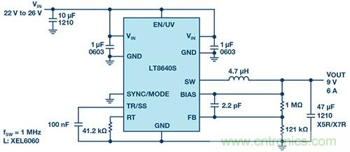 42 V、6 A（峰值7 A）、超低EMI輻射、高效率降壓型穩壓器