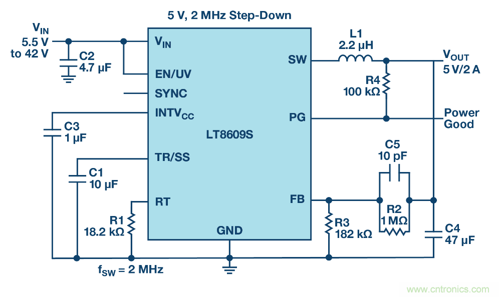 具 2.5 &mu;A 靜態(tài)電流和超低 EMI 輻射的 42 V、2 A/3 A 峰值同步降壓型穩(wěn)壓器