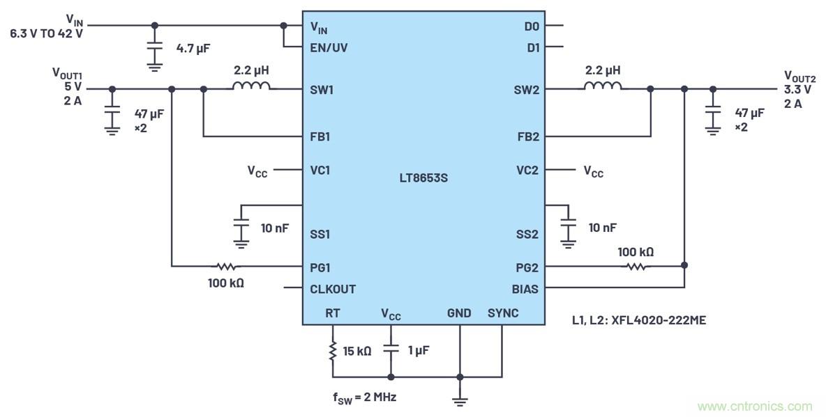 具有6.2 &micro;A靜態電流的雙通道、42 V、2 A、單片、同步降壓型Silent Switcher 2穩壓器