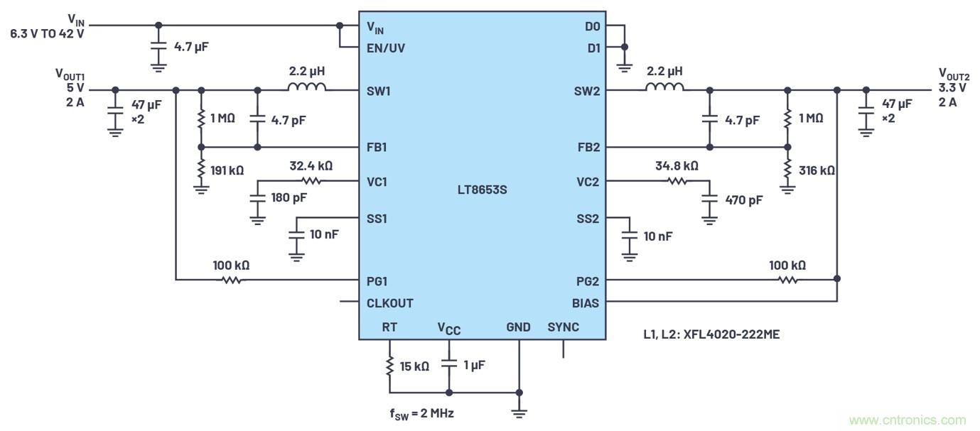 具有6.2 &micro;A靜態電流的雙通道、42 V、2 A、單片、同步降壓型Silent Switcher 2穩壓器