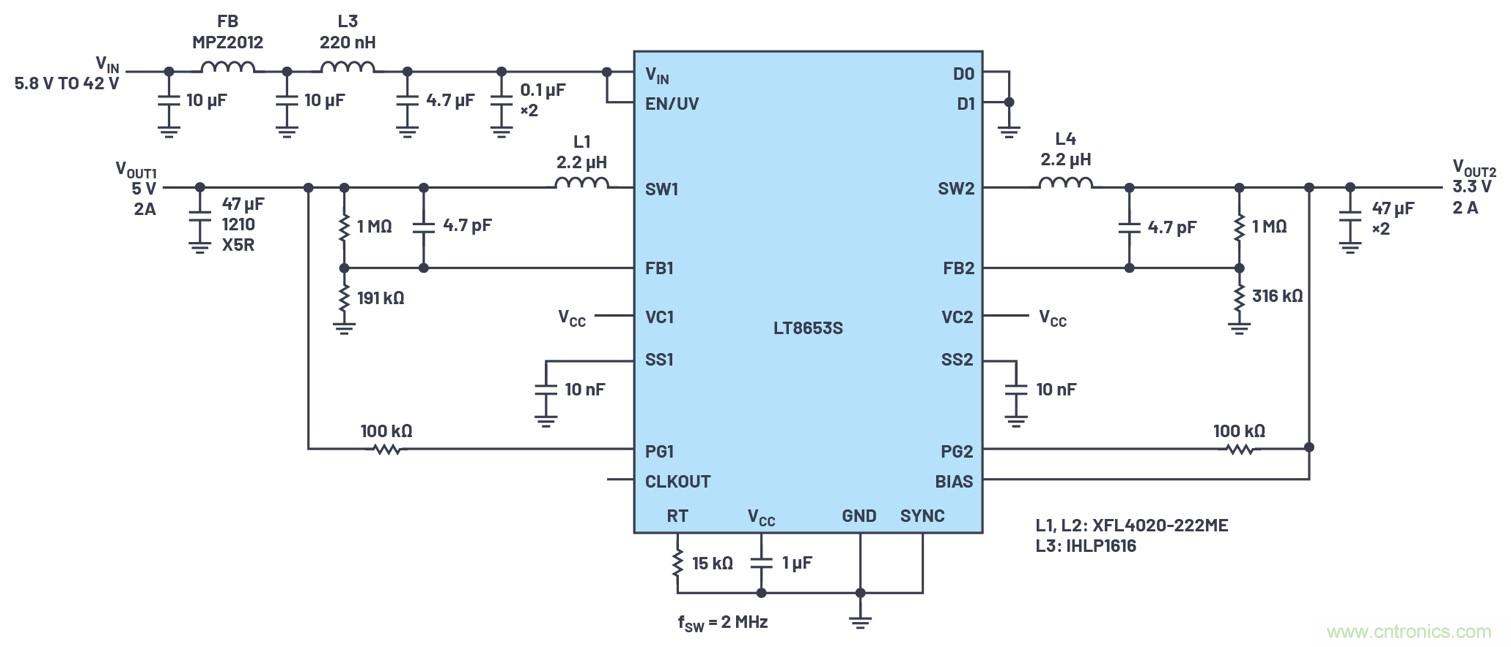 具有6.2 &micro;A靜態電流的雙通道、42 V、2 A、單片、同步降壓型Silent Switcher 2穩壓器