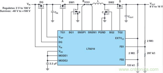 4開關降壓-升壓控制器，具備直通功能，可以消除開關噪聲