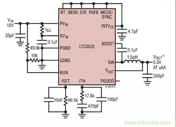 高效率、15V 軌至軌輸出同步降壓型穩壓器能提供或吸收 5A 高效率、15V 軌至軌輸出同步降壓型穩壓器能提供或吸收 5A